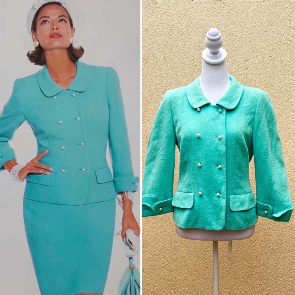 Escada Margaretha Ley vintage turquoise Peter Pan collar pearl buttons blazer